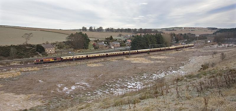 1Z64 passing Grantshouse: DBS Class 67 67019 in charge of the 1Z64 Northern Belle from Birmingham International to Edinburgh Waverley. The location is a cold and frosty Grantshouse on the morning of 7th January 2011. Photo of 1Z64 passing Grantshouse