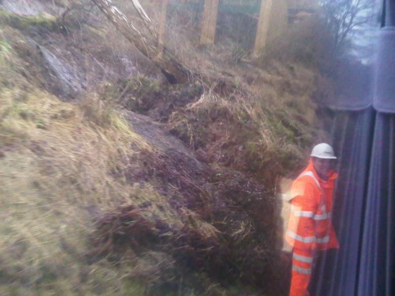 Dunblane Landslide: Landslide 1/2 mile south of Dunblane Tunnel affecting northbound trains. Photo of Dunblane Landslide