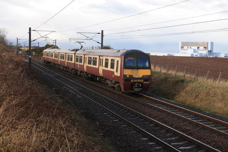 320314 on ECML: 320314 passing Torness Power Stn on the 10.30 Shields Depot to Doncaster West Yard on 14/02/2011. Photo of 320314 on ECML
