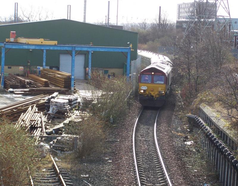 railtour at Baileyfield: Class 66 with a Pathfinder railtour to Leith docks passing the Bauileyfield Switch and Crossing workshop. Photo of railtour at Baileyfield