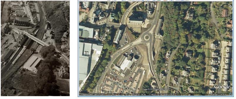 gala.jpg: Comparison shot of the location of the old Galashields station site (under the roundabout) and the new site to its north east under the yet to be demolished housing Photo of gala.jpg