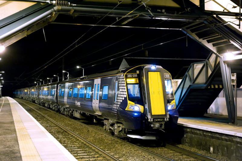 380 Test Run to North Berwick: 380008 and 380112 stand in Prestonpans station during their test run. 23.41hrs on 23/03/2011 Photo of 380 Test Run to North Berwick
