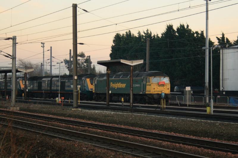 57005 at Craigentinny: 57005 with Power cars 43007, 43178 & 43184 on 13/02/2008 Photo of 57005 at Craigentinny
