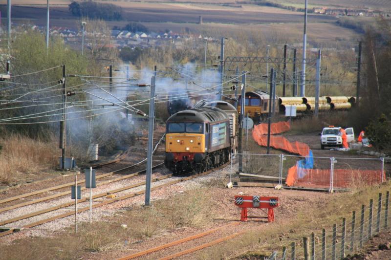 57003 on 6M50: 57003 topn tailed with 57007 on 6M50 15.07 Torness to Carlisle leaving Millerhill Yard on 05/04/2011. 6X88 Georgemas pipes waiting to leave Photo of 57003 on 6M50