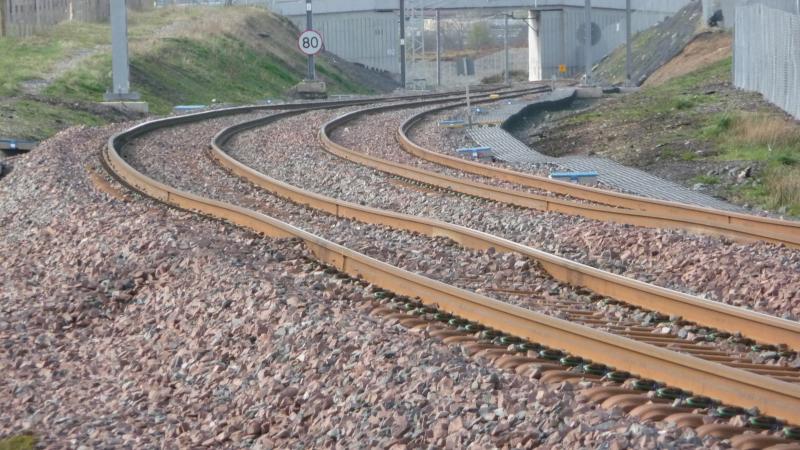 Caldercruix lurch: A phot at the TSR near Caldercruix showing the alignment of the rails, not a pretty sight. Photo of Caldercruix lurch
