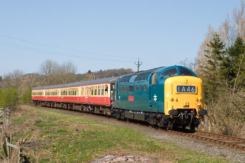 55019 Leyburn: 55019 accelerates eastwards out of Leyburn at the Caravan Club level crossing with the 11:50 Redmire to Leeming Bar, Fri 8/4/11. Photo of 55019 Leyburn