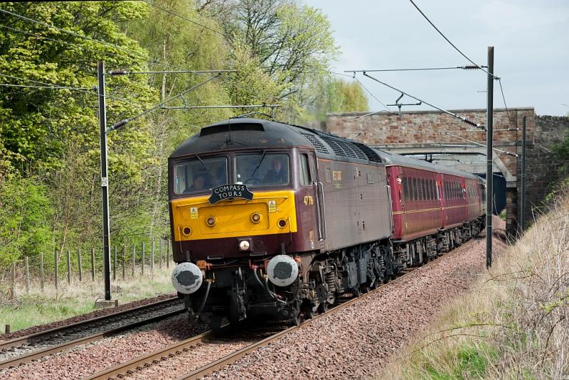 47786 heads 1Z66, Blackpool North - Dundee charter: In a lucky patch of sun, 47786 passes Redhouse, near Longniddry, East Lothian with the Compass Tours charter to Dundee. 15 April 2011 Photo of 47786 heads 1Z66, Blackpool North - Dundee charter
