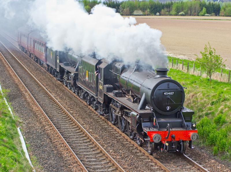 Black Fives: 45407 heads 44871 and support coaches north at Forgandenny 16/04/11 Photo of Black Fives