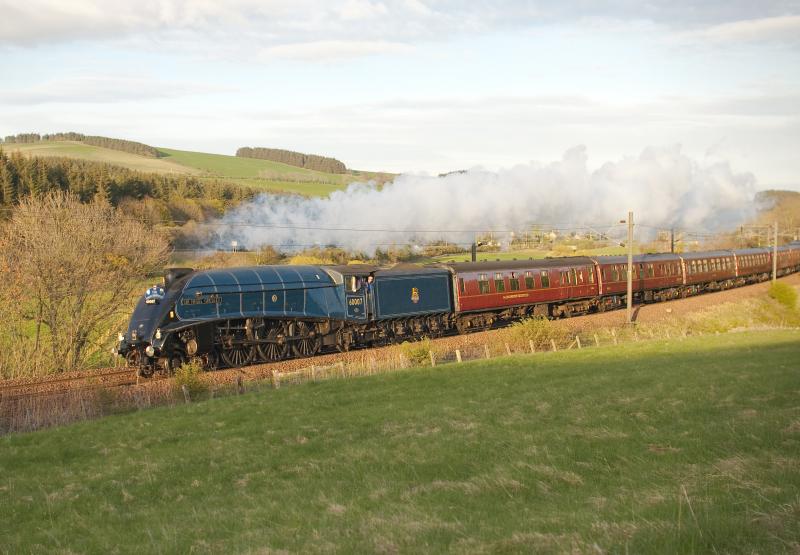 Sir Nigel Gresley: SNG passing Houndswood en route to Edinburgh 16.4.11 just as the sun disappeared behind the hill Photo of Sir Nigel Gresley