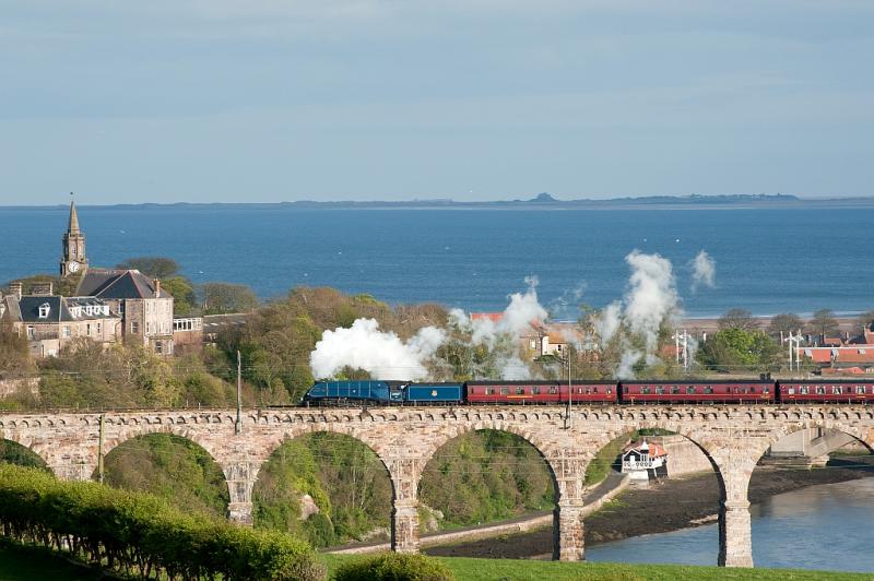 60007 crossing the Tweed: Sir Nigel Gresley crosses the Royal Border Bridge to make its water stop at Berwick with the GB4 tour. 16 April 2011 Photo of 60007 crossing the Tweed