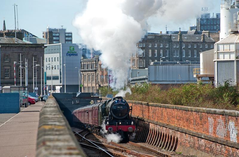 46115 exits Dock Street Tunnel, Dundee: Scots Guardsman tackles the 1 in 60 of Camperdown Bank with the GB4 tour. 17 April 2011. Photo of 46115 exits Dock Street Tunnel, Dundee