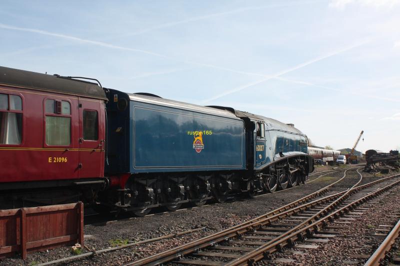 60007 and Saltires: What better a welcome to Scotland than 2 Saltires above Sir Nigel Gresley. Photo of 60007 and Saltires