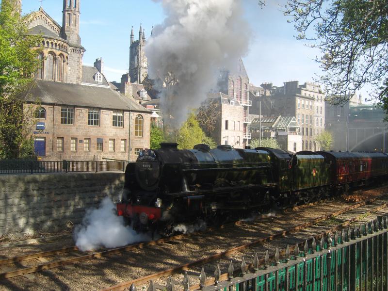 GB IV Aberdeen: Scots Guardsman 46115 treads out on GNSR metals to make history? Has a Royal Scot ever been this way before? Taken from soon-to-be filled in Union Terrace Gardens. Photo of GB IV Aberdeen
