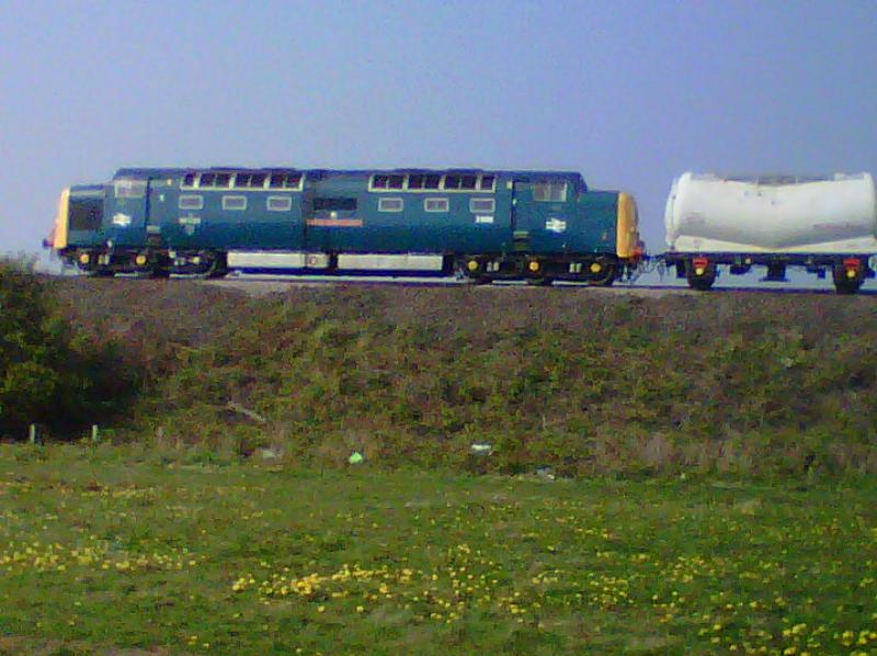 Deltic Alcan: Low res shot off Blackberry phone of 55022 side on leaving Lynemouth on 6N32 Alcan, 19/4/11 Photo of Deltic Alcan