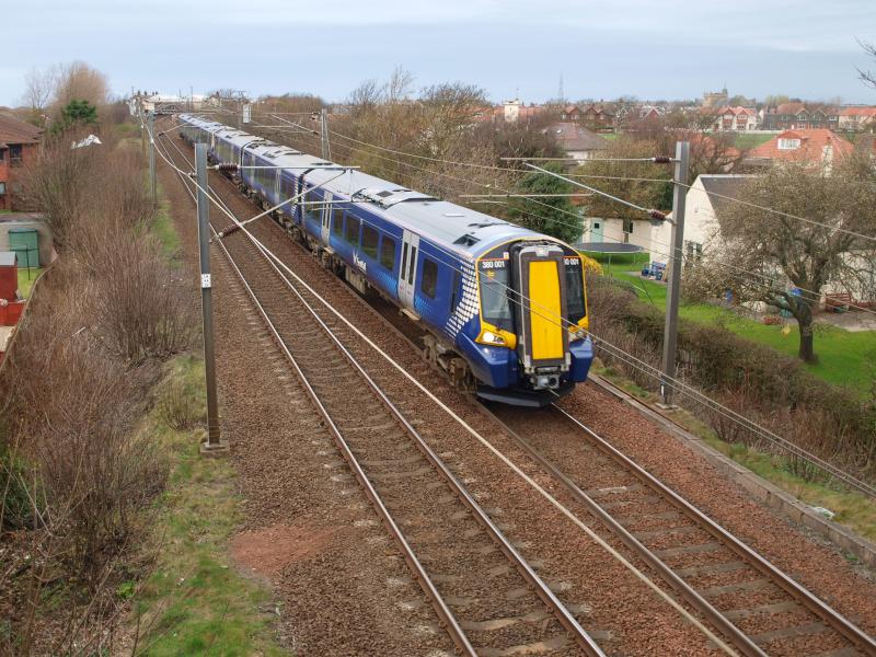 Troon - 06-04-2011 (5).JPG: 380001 + 380006 depart Troon with the 17.12 Glasgow Central - Ayr. Photo of Troon - 06-04-2011 (5).JPG