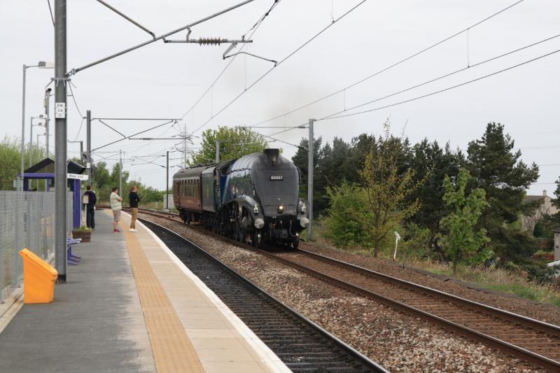 Passengers at Newcraighall looking at 60007: 60007 passing through Newcraighall early on 5Z47 Boness to Grosmont on 25/04/2011 Photo of Passengers at Newcraighall looking at 60007