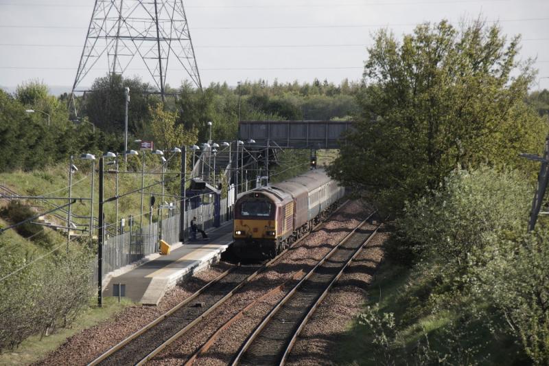 Fife Circle ECS: 67003 on 5L69 16.33 Millerhill to Waverley passing through Brunstane on 26/04/2011. Nothing else to take in the east with clear blue skies. Photo of Fife Circle ECS