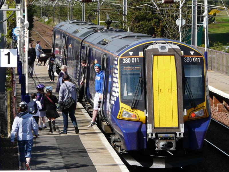 Busy 380011 at Barassie: Busy scene with 380011 stopping at Barassie on 26 April 2011 on the 15:13 service from Ayr to Glasgow. Photo of Busy 380011 at Barassie