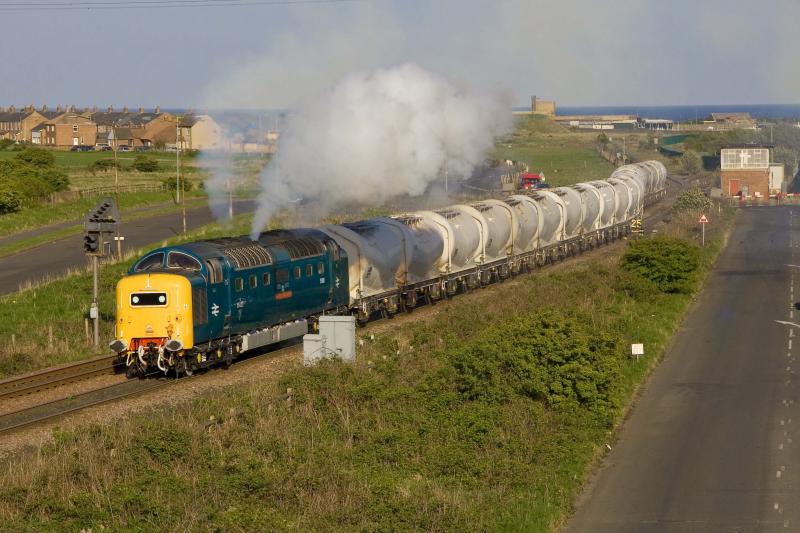 55022 on the Alcans: 55022 passes under the A189 at Freemans crossing whilst working 6N69 North Blyth - Lynemouth alcans trip for GBRf. Not a bad thrash!! Photo of 55022 on the Alcans