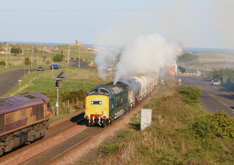 55022 6N69 Freemans: 55022 powers away from Freemans in style (the secondman waving at waiting DBS service) while working 6N69 17:54 North Blyth to Lynemouth loaded Alumina tanks on 27th April 2011 Photo of 55022 6N69 Freemans