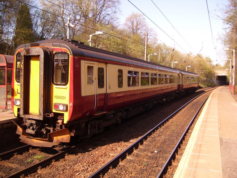 Class 156 at Dumbreck Station, Glasgow: 156 501 leaves Dumbreck bound for Glasgow Central on a sunny spring evening in April 2009 Photo of Class 156 at Dumbreck Station, Glasgow