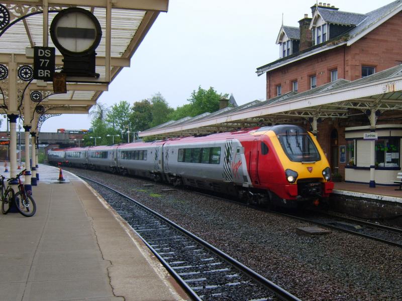 G&SW Diversions, 7th May 2011.: A Voyager passes northbound through a very wet Dumfries this afternoon. Photo of G&SW Diversions, 7th May 2011.