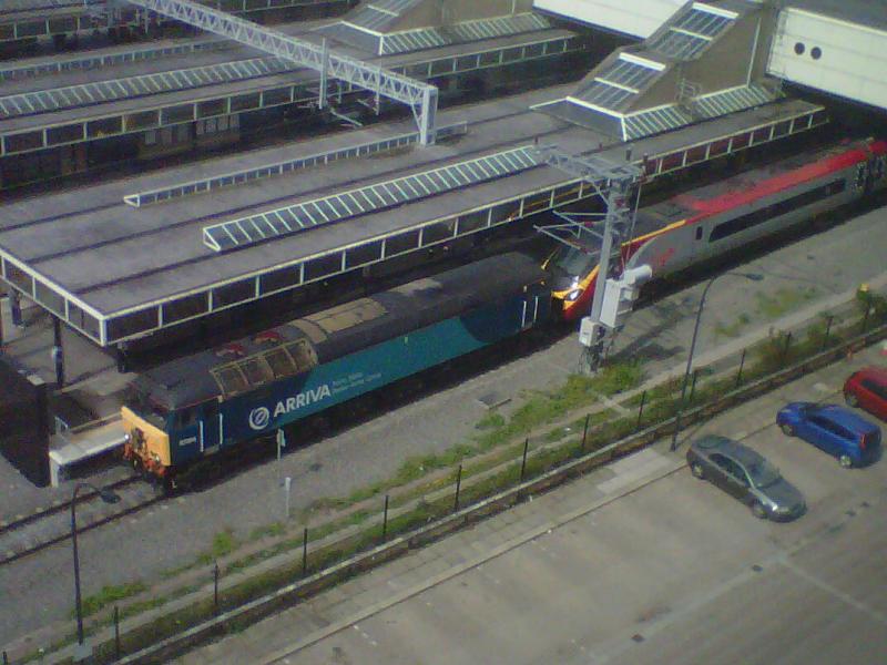 57314 + 390002 5A16 oot ma windae: A dash of colour and interest outside the office this morning. Trust me not to have the camera at work. Once again the Blackberry suffices. 5A16 08:42 Oxley-Euston, Sun 8/5/11. Photo of 57314 + 390002 5A16 oot ma windae