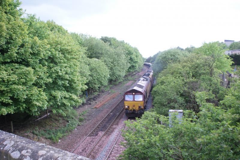 Cumbernauld Cutting: EWS/DB 66087 slows on the lush cutting just to the west of Cumbernauld Station , with a load of full coal hoppers. Photo of Cumbernauld Cutting