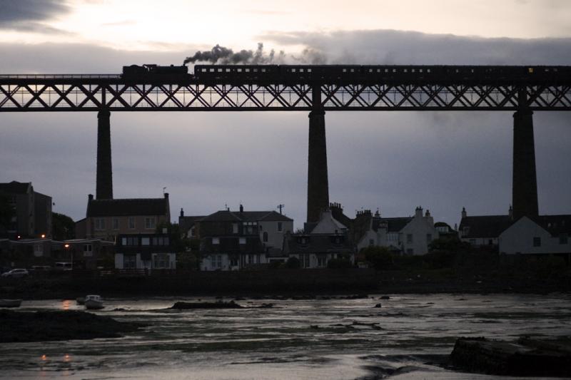 21 minutes to sunrise: The K4 high above the rooftops of a silent North Queensferry 21 minutes before sunrise with the ecs for the SRPS Polmont - Fort William excursion on 14th May 2011. Photo of 21 minutes to sunrise
