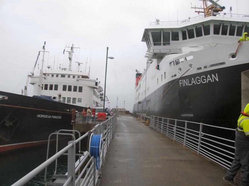 MV Finlaggan and Hebridean Princess alongside Colonsay pier.: MV Finlaggan on its first visit to Colonsay stands alongside Hebridean Princess. Photo of MV Finlaggan and Hebridean Princess alongside Colonsay pier.