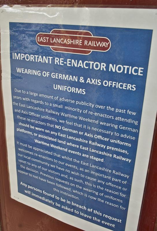 East Lancs DB Ban: Poster for ban on German uniforms at East Lancs War time weekend. Photo of East Lancs DB Ban