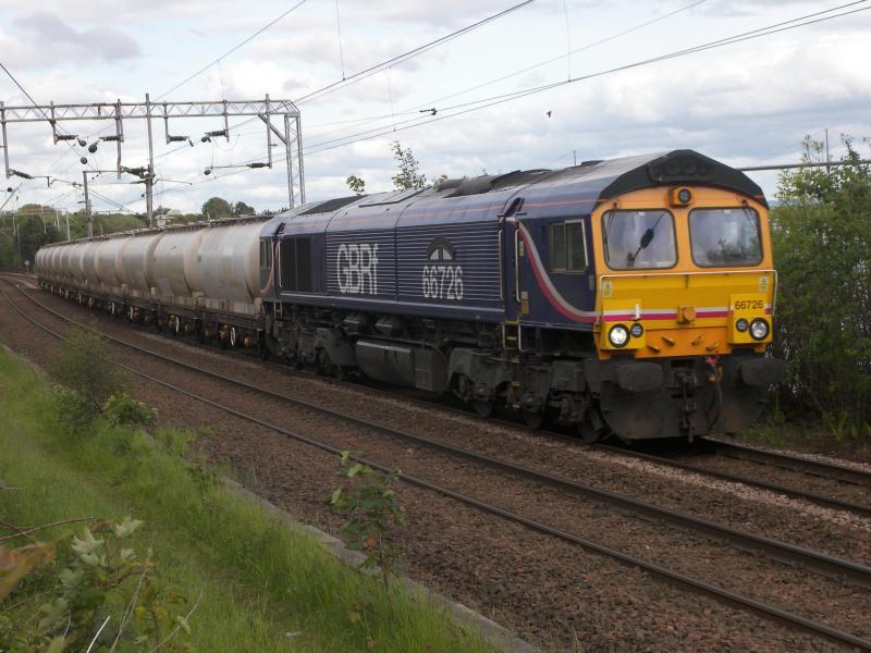 66726 'Sheffield Wednesday': 66726 passing through Bowling with 6S45, North Blyth to Fort William at 18:14. Photo of 66726 'Sheffield Wednesday'