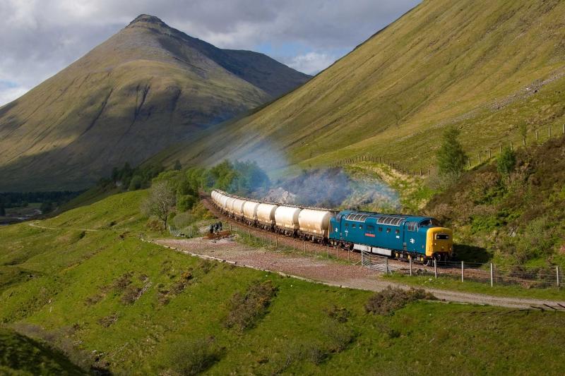 55022 on the Alcans: 55022 6E45 Fort William - North Blyth approaches County March summit with Ben Dorain as the backdrop 17:43 30/05/2011 Photo of 55022 on the Alcans