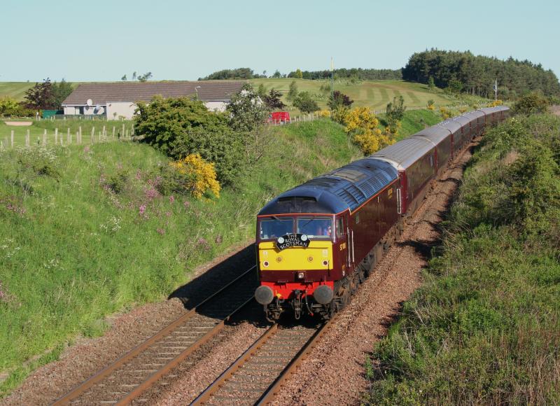 57001 1H84 St Micheals Golf Club:
57001 passes St Micheals Golf Course on the approach to Leuchars station while working 1H84 0804 Dundee to Edinburgh 'Royal Scotsman Highland Day 3' tour on a glorious 3rd June 2011 Photo of 57001 1H84 St Micheals Golf Club