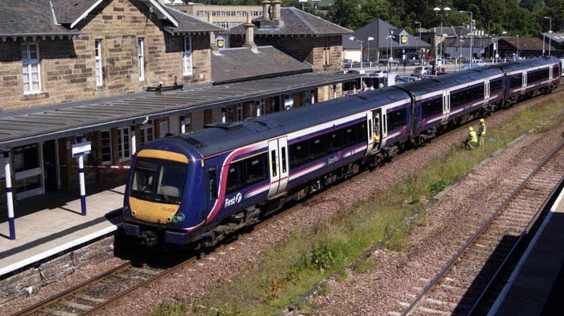 170408 Cupar June 3rd: Scotrail 170408 held at Cupar while the fire service check it out. Believed to have caught fire en-route to Dundee. Photo of 170408 Cupar June 3rd