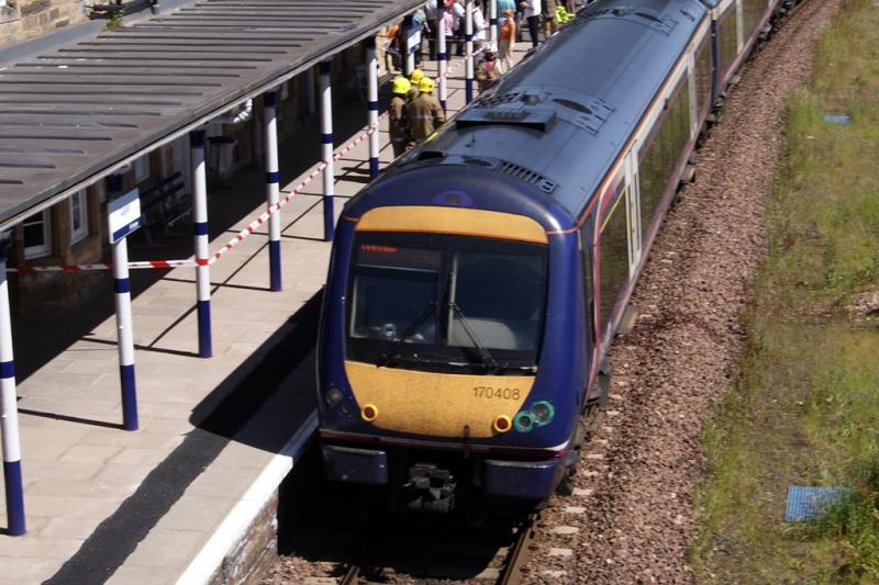 170408 Cupar June 3rd: Scotrail 170408 held at Cupar while the fire service check it out. Believed to have caught fire en-route to Dundee. Photo of 170408 Cupar June 3rd