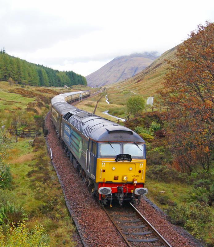 Class 47 descends towards Tyndrum Upper: 47802 coming down off County March Summit with the Statesman railtour from Fort William to Peterbourgh on the 3rd October 2010. Photo of Class 47 descends towards Tyndrum Upper