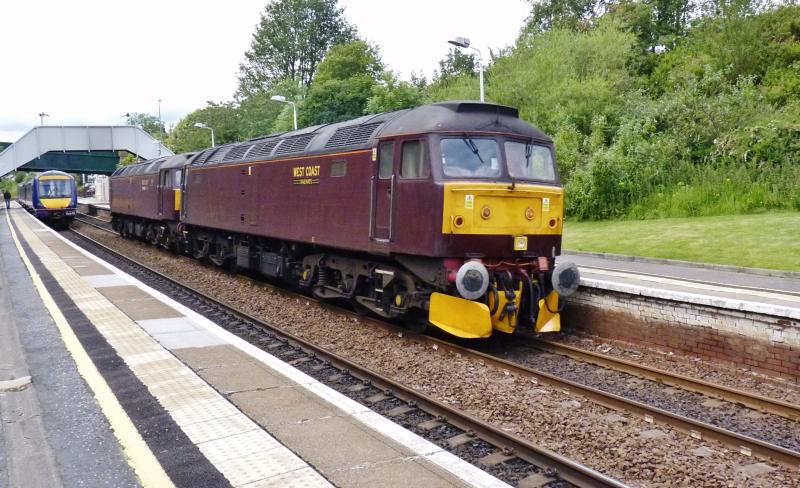 Carnforth to Bo'ness: 0Z60 Carnforth - Bo'ness, LE move see's 47760 with 47804 dit passing Polmont Station, nearing the end of its Journey bang on time. Photo of Carnforth to Bo'ness