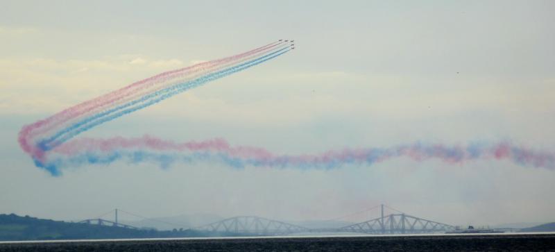 Forth Rail Bridge with Red Arrows: The Red Arrows perform near the Forth Rail Bridge, 24 June 2011 Photo of Forth Rail Bridge with Red Arrows