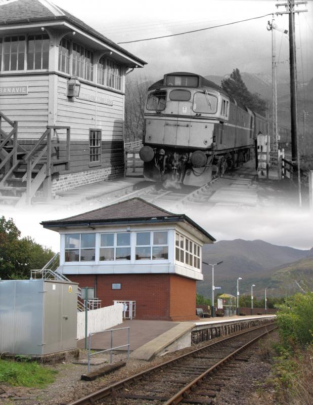 Timetravel at Banavie: Two views taken from the same vantage point at Banavie, top is D5365 on 22nd April 1964 and below the replacement signalbox seen on 16th September 2010 Photo of Timetravel at Banavie