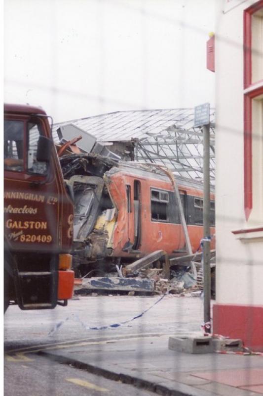 318254 After Crashing Through Largs Station, July 1995: Photo taken by T Nugent, who holds copyright. Photo of 318254 After Crashing Through Largs Station, July 1995