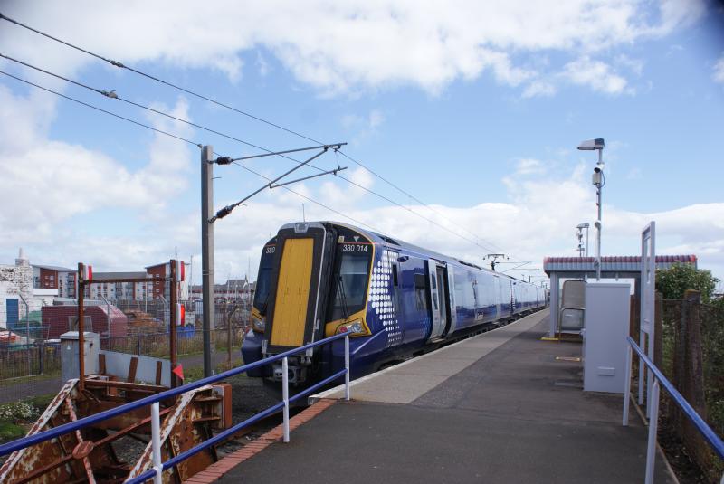 Ardrossan Harbour: New First Scotrail 3-car 380 has just arrived at Ardrossan Harbour Station. Note the very rusty stops. Photo of Ardrossan Harbour
