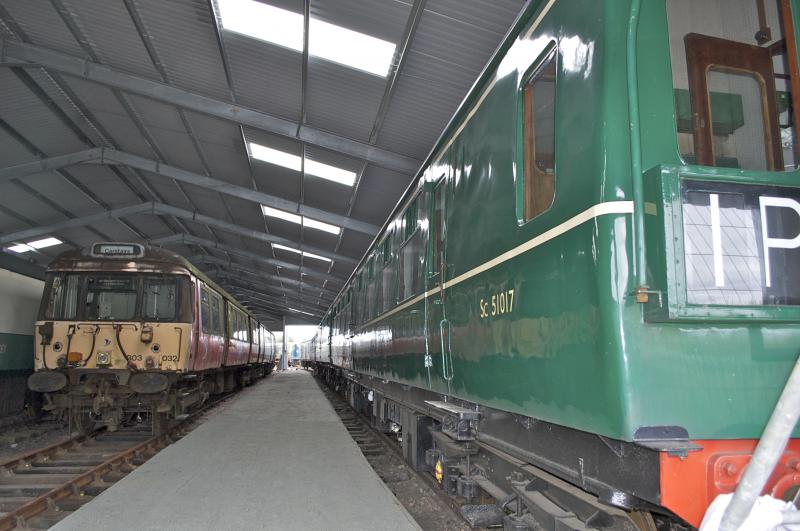 Class 303 & Class 126: 303032 EMU & Class 126 DMU in the new shed at Bo'ness ,19th August 2011. Photo of Class 303 & Class 126
