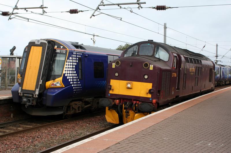 WCR 37706 at Newton on Ayr 13/09/2011: 37706 (with northbound 380113 in the background) awaiting clearance onto the Annbank loop at Newton on Ayr (0Z31) Photo of WCR 37706 at Newton on Ayr 13/09/2011